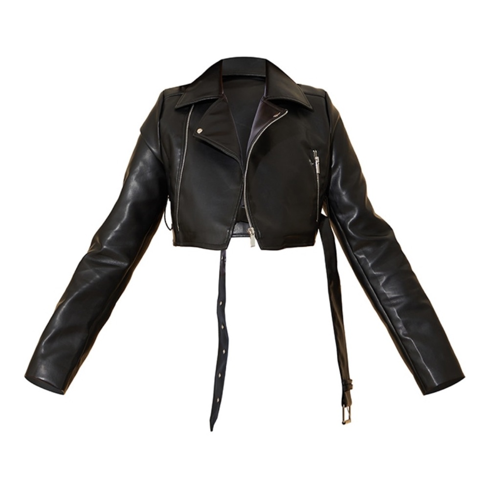 Black cropped belted biker jacket